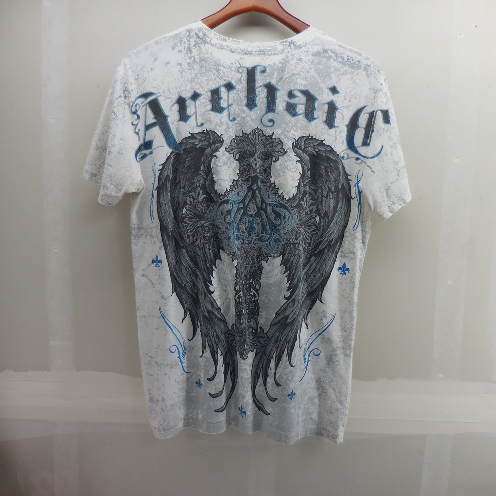 Archaic by Affliction Mens Large Graphic T-Shirt White Grey Cross Wings Y2K MMA